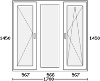 Трехстворчатое поворотное/глухое/поворотное-откидное